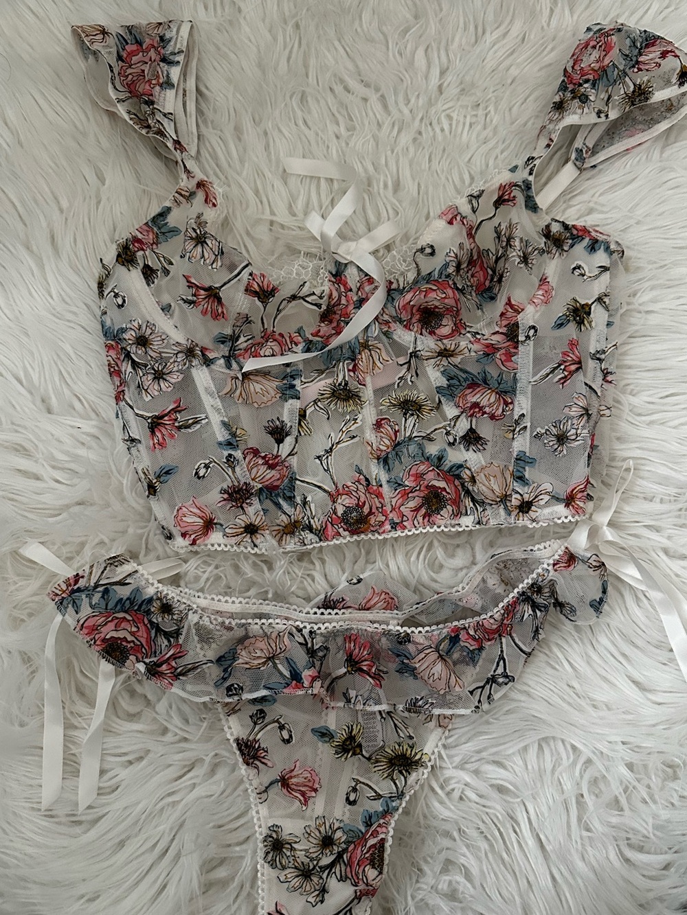 Victoria's Secret Floral Lace Bralette Set in White, Pink & Blue